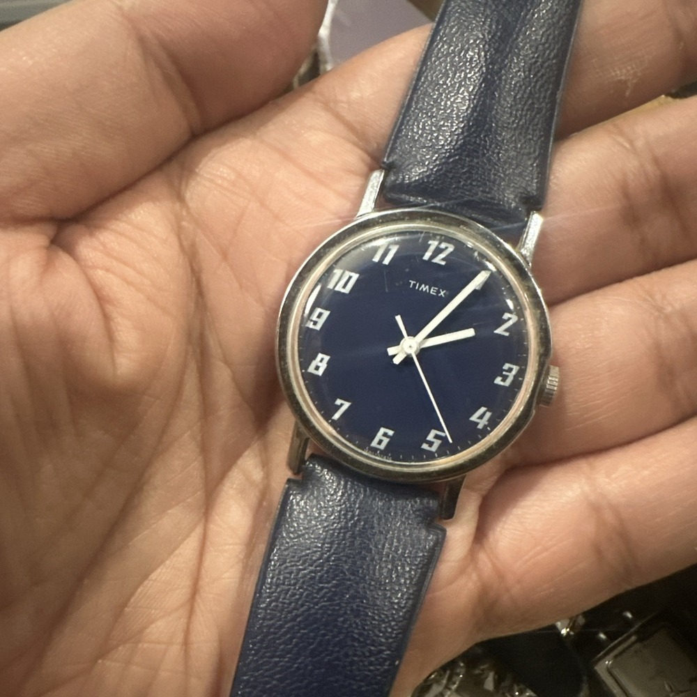 Working Vintage 1976 TIMEX Mens Blue Manual Wind 34mm Watch Blue Strap Rare Runs